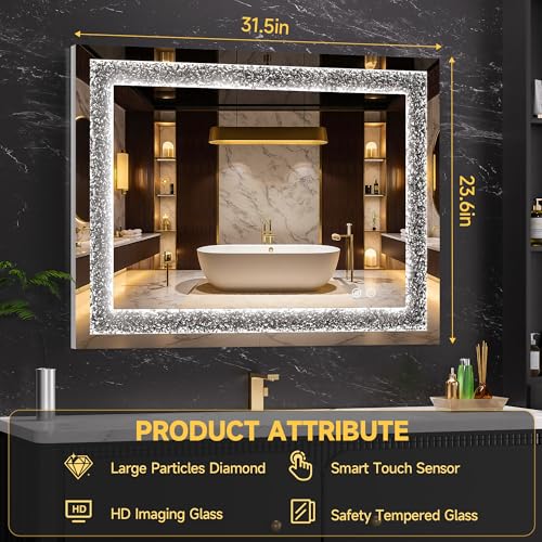 WINNICE 32" x 24" LED Diamond Wall Mirror, Dim & Anti-Fog | Crystal glass, dimmable & anti-fog, mounts vertical/horizontal, ideal for bathroom, bedroom, living room. - size: 24"L x 32"W