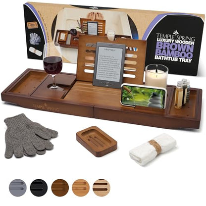 Bamboo Bathtub Tray Caddy for Tub — Expandable Wood Bath Tray with Solid Book Stand Wine Holder and Non-Slip Pads — Includes Bamboo Soap Dish and Spa Accessories — Luxury Bath Gift Set - color: Brown