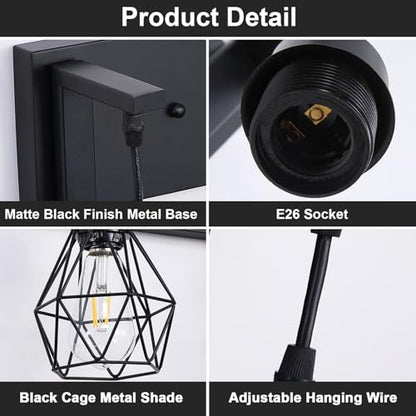 Somniferous Farmhouse Bathroom Light Fixtures, 2 Light Bathroom Vanity Light Over Mirror, Black Bathroom Light with Caged Metal Shade, Rustic Wall Sconce for Bedroom, Living Room, Hallway, E26 Socket - size: 2-Light