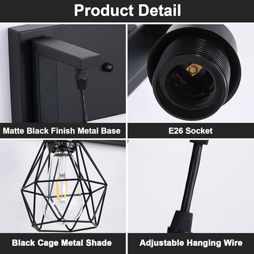 Somniferous 4 Light Bathroom Vanity Light, Farmhouse Bathroom Light Fixtures Over Mirror, Black Vanity Light with Caged Metal Shade, Rustic Wall Light Fixture for Bedroom, Living Room, E26 Socket - size: 4-Light