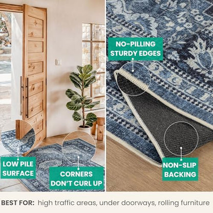 Bloom Rugs Caria Washable Non-Slip 10 ft Runner - Blue Traditional Runner for Entryway, Hallway, Bathroom, and Kitchen - Exact Size: 2'6" x 10' - color: Blue, size: 2'6" x 10' (Runner)