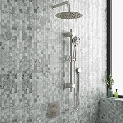 Refuge Rain Shower Head with Handheld Spray Combo - Brushed Nickel Finish - 10" Rainfall Shower Head with Handheld Combo | Adjustable Slide Bar | 5-Function Handshower | Tru-Temp Valve | 1.8 GPM - color: Brushed Nickel, size: 1.8 GPM
