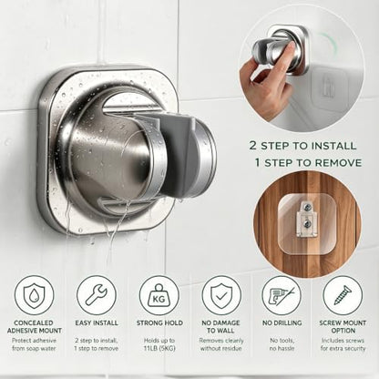 Handheld Shower Head Holder - 5 Angles Adjustable - Concealed Adhesive Mount with Screw Option - Wall Mount Shower Hose Holder (Brushed Nickle) - color: Brushed Nickle
