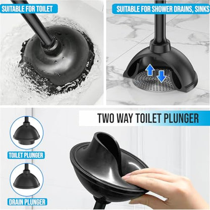 2 in 1 Plunger and Brush Set - Heavy Duty Toilet Plunger and Brush Set - Bathroom Cleaning Tools, Black Plunger and Toilet Brush Combo - Toilet Brush Plunger Set for Deeply Cleaning