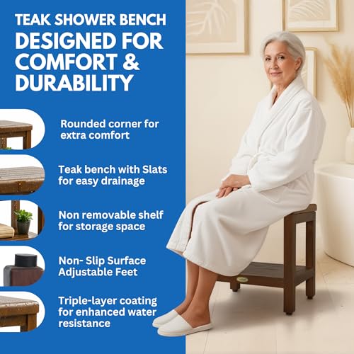 DecoTeak Eleganto 18" Teak Shower Bench with Shelf, Waterproof Stool | Shower bench with adjustable feet and non-slip rubber pads provides stable support on wet or uneven shower floors - size: 18" Length x 14" Width x 18" Height