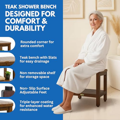 DecoTeak Eleganto 18" Teak Shower Bench with Shelf, Waterproof Stool | Shower bench with adjustable feet and non-slip rubber pads provides stable support on wet or uneven shower floors - size: 18" Length x 14" Width x 18" Height