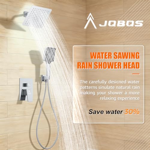 Shower System Modern Rain 8 inches Brass Faucet Set With Valve and Diverter Shower Mixer With Handheld High Pressure Square Rainfall Shower Valve (8'' Wall Mount, Chrome Polished) - color: Chrome Polished, style: 8'' Wall Mount