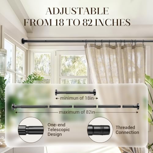 Shower Curtain Rod Adjustable 18-82", 1" Diameter Black Tension Rod, No Drill Rust-Proof Spring Loaded Shower Rods for Bathroom, Easy Install, No Sag