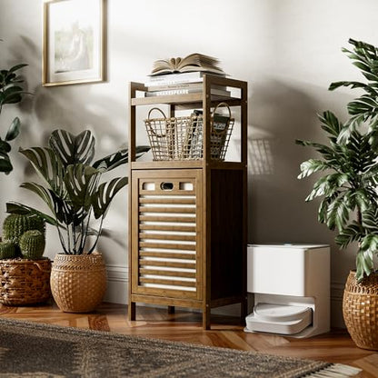 HITNET Bamboo Tilt Out Laundry Hamper, Bathroom Storage Cabinet with Hidden Removable Basket and 2 Open Shelves, Space Saving Bamboo Storage for Clothes, Towels and Toys, Walnut - color: Walnut