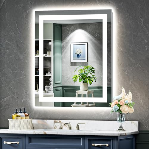 28x32 Inch LED Bathroom Mirror with Lights Front and Backlit Lighted Vanity Mirror for Bathroom Wall with 3 Colors Dimmable Anti-Fog Memory Shatter-Proof IP54 Waterproof Horizontal/Vertical - color: Backlit+front Lit, size: 28"L x 32"W