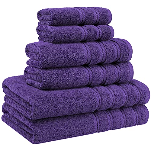 American Soft Linen 100% Carde Cotton 6 Piece Towel Set, 590 GSM Heavy Weight Soft Absorbent Turkish Towels for Bathroom, Rich Purple - color: Rich Purple