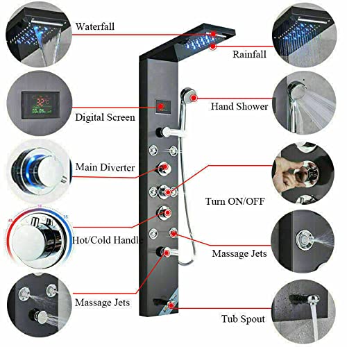 LED Rain Shower Panel Tower System Rainfall Waterfall Massage Body Jets Kit Faucet Black A