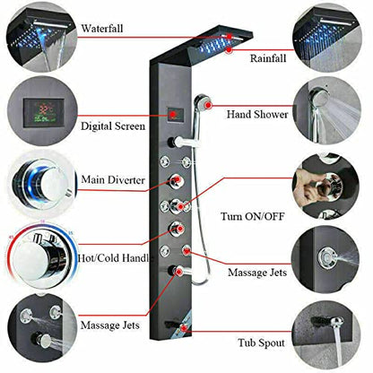 LED Rain Shower Panel Tower System Rainfall Waterfall Massage Body Jets Kit Faucet Black A