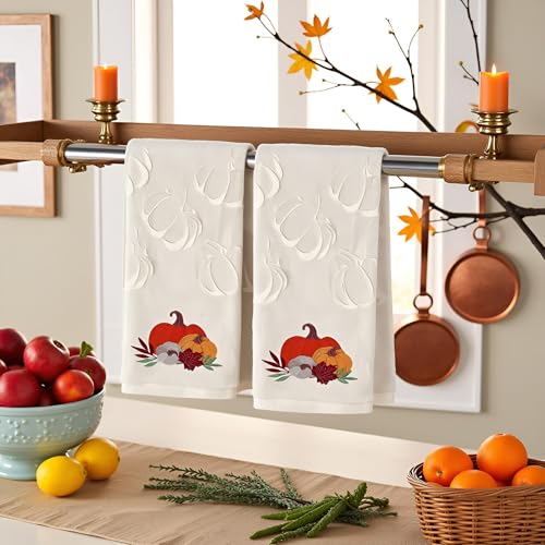 2 Pack Fall Hand Towel Jacquard Embroidered Cotton Kitchen Towels Farmhours Thankful Bath Towels Set Thanksgiving Bathroom Decor (Beige Pumpkin, 2*Hand Towel) - color: Beige Pumpkin