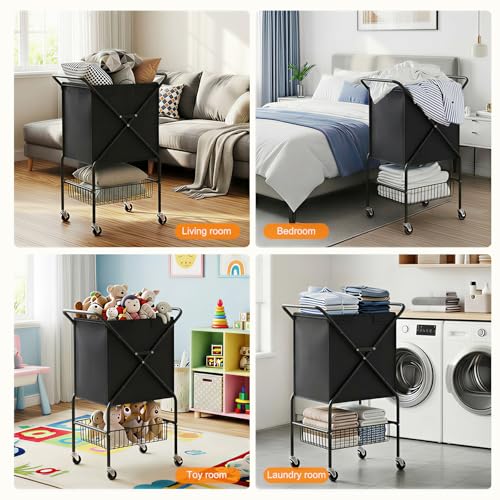 Laundry Basket with Wheels:88L Rolling Laundry Cart Foldable Metal Frame Dirty Clothes Laundry Hamper 36"H 4 Caster 2 Brake Waterproof Removable Liner Carry Handle for Dorm Laundry Room,Black - color: Black