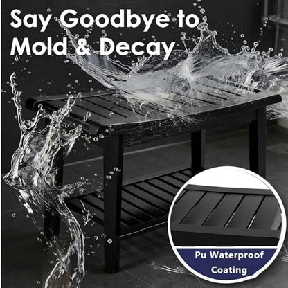 Bamboo Shower Bench for Inside Shower to Sit on, Heavy Duty Bathroom Chair Seat with Storage Shelf, 23.7" W x 12.9" Dx 18.4" H, Spa Bath Chair for Bathrooms, 300 lbs Capacity (Black) - color: Black