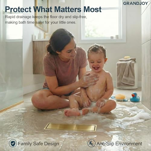 12-Inch Linear Shower Drain, Brushed Gold SUS304 Stainless Steel with 2-in-1 Tile Insert Cover & Flat Grate, High Flow Floor Drainer with Hair Strainer, Adjustable Feet - color: Brushed Gold, size: 12