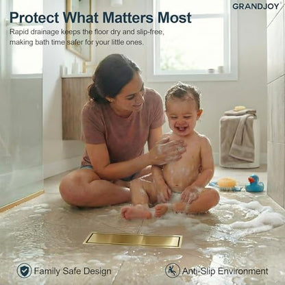 12-Inch Linear Shower Drain, Brushed Gold SUS304 Stainless Steel with 2-in-1 Tile Insert Cover & Flat Grate, High Flow Floor Drainer with Hair Strainer, Adjustable Feet - color: Brushed Gold, size: 12