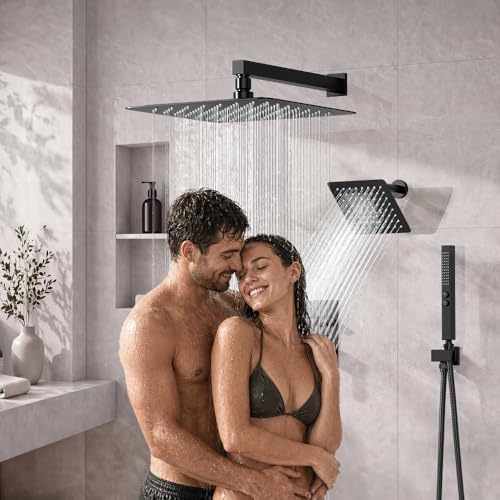 Shower Faucet Set Matte Black Shower System,STARBATH Push Button Diverter Shower Set with 2 in 1 Handheld,Can Use All at Once, 12 Inch Rainfall Shower and 6 Inch Wall Mount Shower Head - color: Matte Black, size: 6+12 inch-09