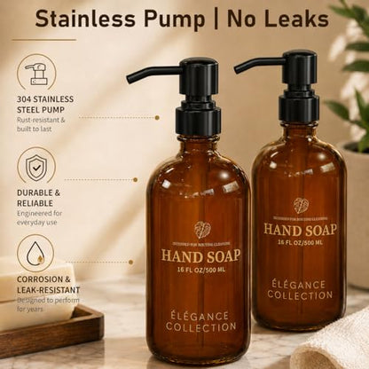 Fachixy Amber Glass Soap Dispenser 2 Pack, 16 Fl Oz, 14 Waterproof Labels | Leak-Resistant Stainless Steel Pump, Non-Slip Pad, Hand & Dish Soap Dispenser Bottles Set for Kitchen and Bathroom - color: Brown
