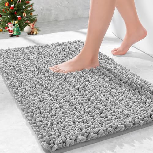 Bathroom Rugs Non Slip Washable 32x20, Extra Thick Soft Chenille Absorbent Bath Mat, High Density Barrier Non Slip Backing, Quick Dry Plush Shaggy Floor Carpet for Tub&Shower, Grey - color: Grey, size: 32" X 20"(Bathroom Rug)
