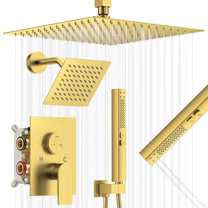 Gold Shower Faucet Set, Home Shower System with 3-Setting Push Button Diverter, 12" Ceiling Rain Shower Head & 6" Wall Mount Shower Head, 2-in-1 Handheld, Shower Valve Trim Kit - color: Brushed Gold