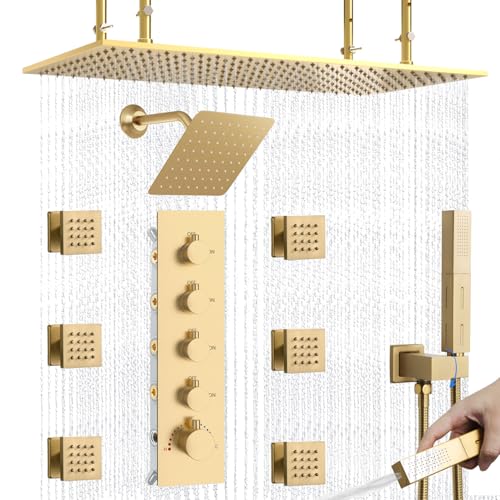 Dual Shower Heads System 16"x32" Ceiling Mount Rainfall and 6" Wall Mounted Shower Heads with 6 body Jets Thermostatic Shower Valve Full Body Shower System,Brushed Gold - color: Brushed Gold