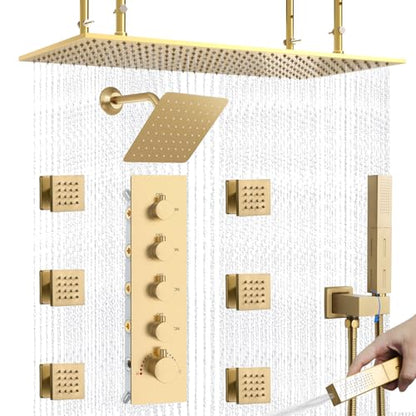 Dual Shower Heads System 16"x32" Ceiling Mount Rainfall and 6" Wall Mounted Shower Heads with 6 body Jets Thermostatic Shower Valve Full Body Shower System,Brushed Gold - color: Brushed Gold