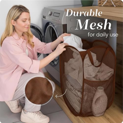 Handy Laundry Collapsible Mesh Pop Up Laundry Hamper with Side Pocket | Sturdy Reinforced Handles, Breathable Foldable Basket for Dorm, Travel, Cruise, Bedroom, 14 x 13 x 24 in, Brown - color: Brown