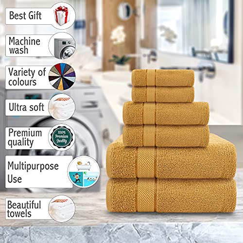 6 Piece Cotton Bath Towel Set - 2 Bath - 2 Hand - 2 Face, Gold | 100% Cotton • Thick & Plush • Hotel Quality • Ultra Soft • Highly Absorbent • Quick Dry • Low Lint • Machine Washable - color: Golden