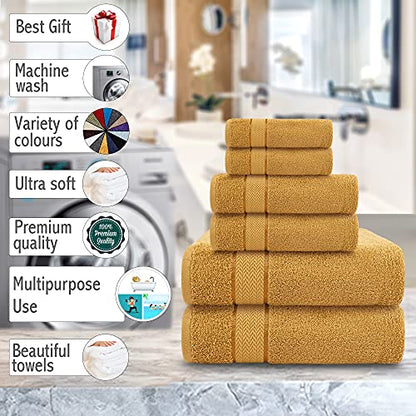 6 Piece Cotton Bath Towel Set - 2 Bath - 2 Hand - 2 Face, Gold | 100% Cotton • Thick & Plush • Hotel Quality • Ultra Soft • Highly Absorbent • Quick Dry • Low Lint • Machine Washable - color: Golden