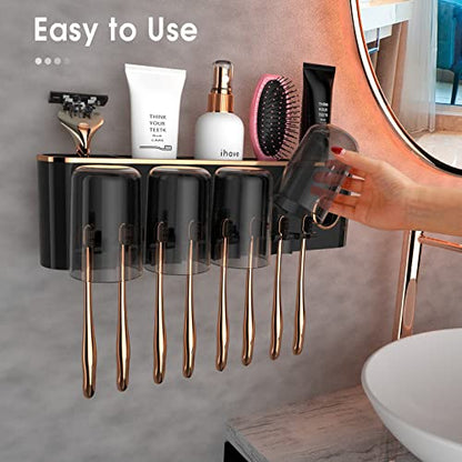iHave Toothbrush Holders for Bathrooms Wall Mounted with Dispenser & 4 Cups | 12 Slots Wall Mount Toothbrush Holders for Bathrooms with Squeeze Toothpaste Dispenser, 4 Cups & 4 Compartments Organizer - color: Black 4 Cups
