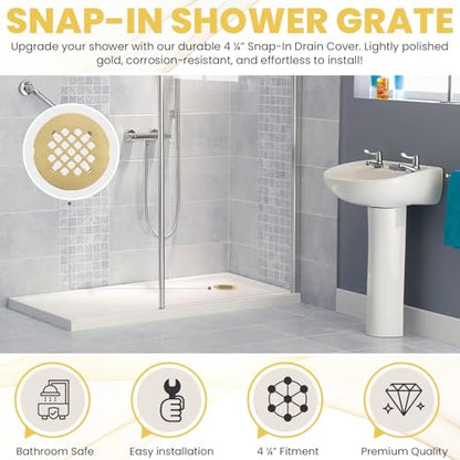 4 ¼” Brushed Light Gold Snap-in Shower Drain Cover - Gold Replacement - 4.25" OD Shower Drain Strainer - Easy Install - Premium Round Shower Drain Cover - Solid Brass Construction - color: Light Gold
