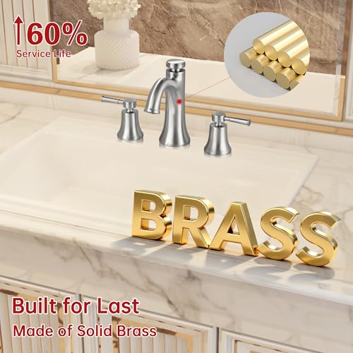 SUMERAIN Brushed Nickel Widespread Bathroom Sink Faucet 3 Hole | Transitional Style, Two Handles, Temperature Memory Function, Solid Brass - color: Brushed Nickel