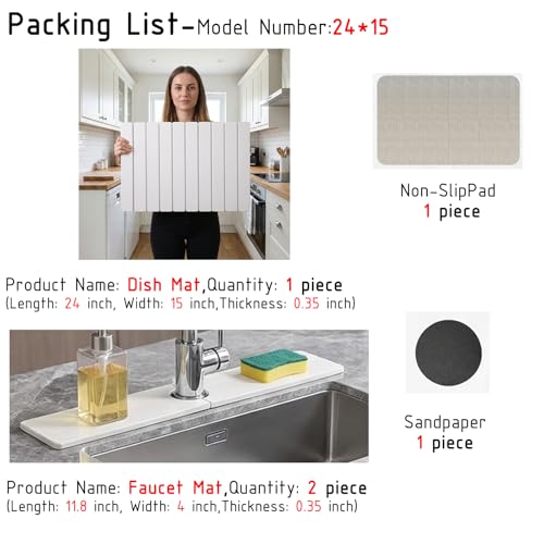 Stone Dish Drying Mat for Kitchen Counter, Quick Dry Stone Mats | 24'' x 15'', Includes 1 Dish Mat & 1 Faucet Mat - size: 24" x 15"