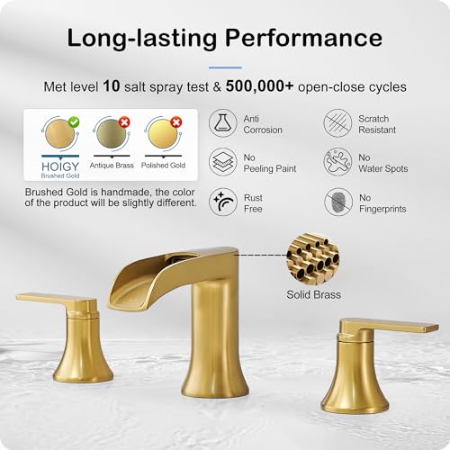 Brushed Gold Bathroom Faucet Waterfall, 2 Handle Brass Bathroom Sink Faucet Widespread, Modern 6-16 Inch Bathroom Faucets 3 Hole, Bathroom Vanity Faucets for Hotel, NOT Included Pop-up Drain - color: Brushed Gold, style: NO Pop Up Drain