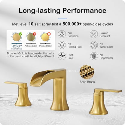 Brushed Gold Bathroom Faucet Waterfall, 2 Handle Brass Bathroom Sink Faucet Widespread, Modern 6-16 Inch Bathroom Faucets 3 Hole, Bathroom Vanity Faucets for Hotel, NOT Included Pop-up Drain - color: Brushed Gold, style: NO Pop Up Drain