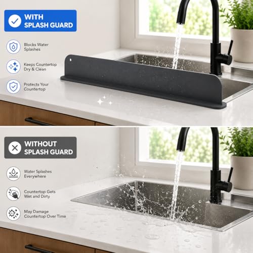 19.2 Inch (49 cm) Silicone Sink Splash Guard with Suction Mount, Kitchen Faucet Water Splash Guard, Anti-Splash Sink Protector for Countertop Behind Faucet
