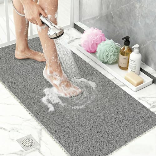 PVC Loofah Shower Mat 24"x16", Soft Textured Non Slip Bath Mats for Inside Shower, Shower Mats with Drain, Washable, Quick Drying Bath Mats for Bathroom Wet Areas, Grey - color: Grey, size: 16" x 24" (Rectangular)