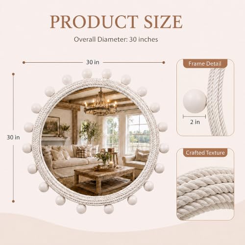 30" Round Rope Wall Mirror with 2 in Whitewashed Wood Beads | Soft white coastal farmhouse style, handwoven cotton rope frame for entryway, living room, bedroom, bathroom, powder room.