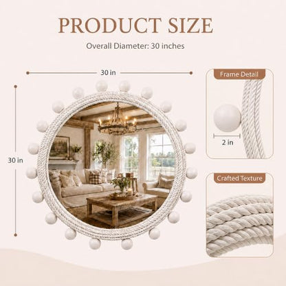 30" Round Rope Wall Mirror with 2 in Whitewashed Wood Beads | Soft white coastal farmhouse style, handwoven cotton rope frame for entryway, living room, bedroom, bathroom, powder room.