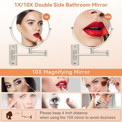 8" Extendable Bathroom Mirror Wall Mount with 1X/10X Magnification, 360° Swivel Double Sided Vanity & Shaving Mirror, Nickel Finish (No Light) - color: Nickel
