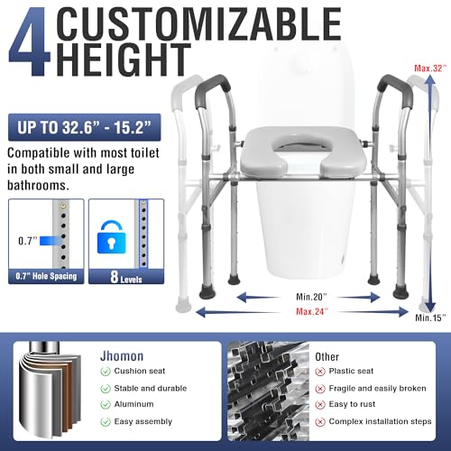 Raised Toilet Seat with Handles, Width & Height Adjustable Raised Toilet Seat, FSA/HSA Eligible 400lb Armrests & Wide Seat, Standard Raised Toilet Seat for Seniors, Pregnant, Handicap, Fit Any Toilet