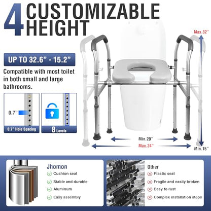 Raised Toilet Seat with Handles, Width & Height Adjustable Raised Toilet Seat, FSA/HSA Eligible 400lb Armrests & Wide Seat, Standard Raised Toilet Seat for Seniors, Pregnant, Handicap, Fit Any Toilet