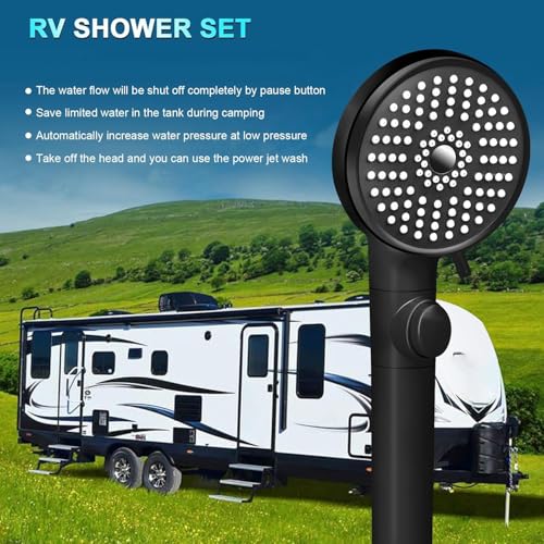 FOCSPROD RV Shower Head with Hose, High Pressure 5 Mode Shower Head Replacement, Handheld Showerhead for RV/Campers, Travel Trailer for Water Saving, Showerheads Holder and Hose, On Off Switch, Black - color: Matte Black