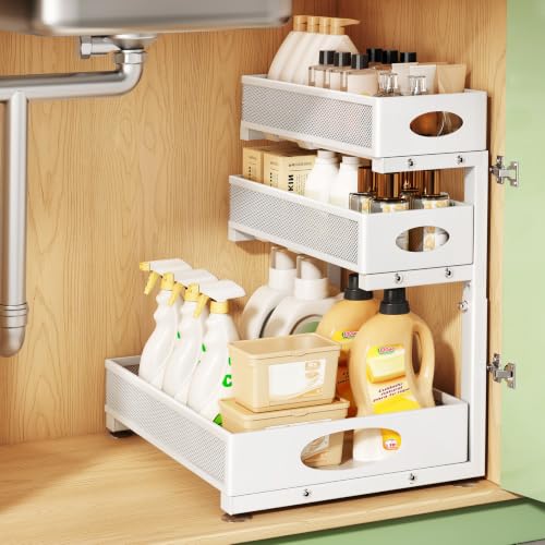 Kitstorack Under Sink Organizer 3-Tier Slide Out Drawer for Bathroom 1-Pack | Height Adjustable, Metal Mesh Storage Rack, Pull out Cabinet Organizer Shelf for Kitchen Pantry Home Laundry Organization - color: White, size: 1-Pack