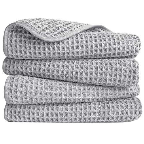 POLYTE 430 GSM Poly Blend Microfiber Quick Dry Waffle Hand Towel, 16x30 in | 4 Pack, Oversize, Lint Free, Quick Dry, Hanging Loop - color: Light Gray