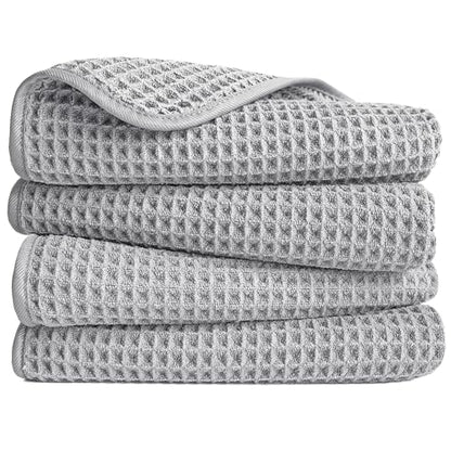 POLYTE 430 GSM Poly Blend Microfiber Quick Dry Waffle Hand Towel, 16x30 in | 4 Pack, Oversize, Lint Free, Quick Dry, Hanging Loop - color: Light Gray