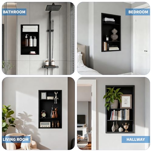 Stainless Steel Recessed Medicine Cabinet Bathroom Medicine Wall Niche Shower Niche Space-Saving Recessed Storage Cabinet Adjustable Shelf Matte Finish (Black, 24" H x 14" W) - color: Black, size: 24"H x 14"W