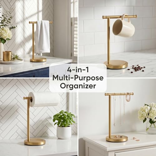 Hoimpro Hand Towel Holder Stand Bathroom Towel Bar Rack Countertop Gold | Brushed Gold, Free Standing Towel Hanger Ring for Bathroom Kitchen Vanity Counter,13 Inch, Stainless Steel, Bath Accessories - color: Brushed Gold